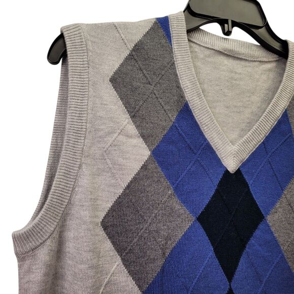 Men Argyle V-Neck Sweater Vest Winter Sleeveless Wool Knitted Gray & Blue Large - Picture 4 of 8